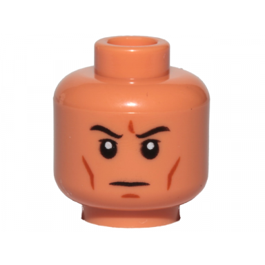nougat minifigure head black eyebrows upper eyelids dark orange cheek lines and chin dimple stern pattern