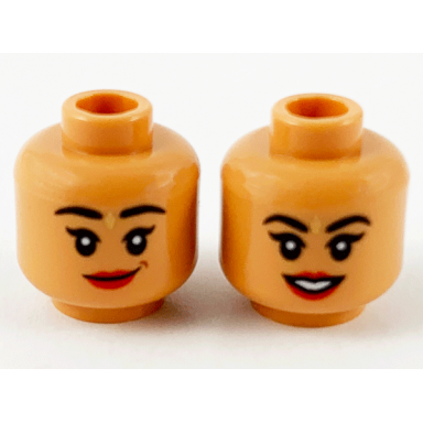 nougat minifigure head dual sided female black eyebrows gold bindi red lips lopsided grin open smile pattern