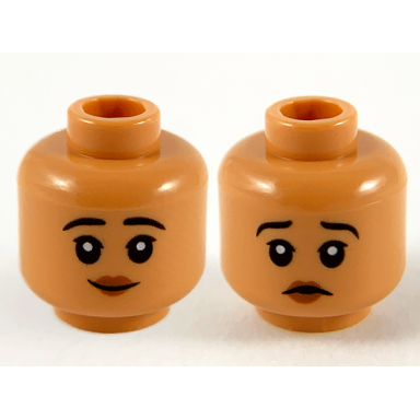 nougat minifigure head dual sided child female black eyebrows red lips smile worried pattern