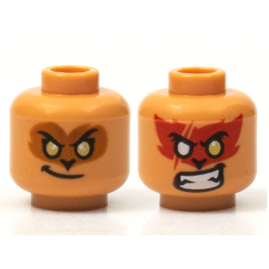 nougat minifigure head dual sided alien black eyebrows gold eyes smirk with medium nougat face angry bared teeth with red face paint and white right eye with scar pattern