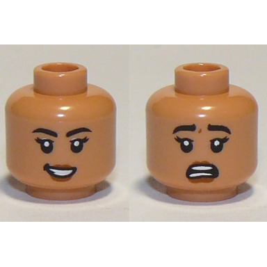 nougat minifigure head dual sided female black eyebrows peach lips open smile scared pattern