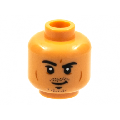 nougat minifigure head black eyebrows and stubble eyebrow raised right dark orange cheek lines pattern