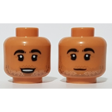 nougat minifigure head dual sided black bushy eyebrows stubble open mouth smile closed mouth pattern