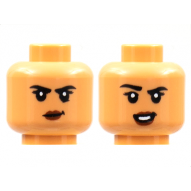 nougat minifigure head dual sided female black eyebrows reddish brown lips smirk smile with raised eyebrow pattern
