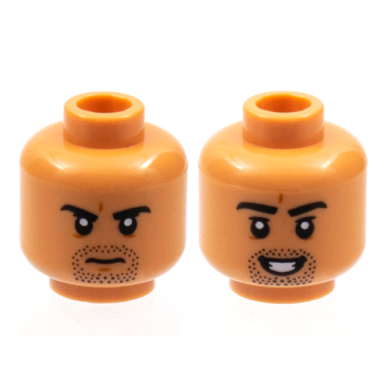nougat minifigure head dual sided black eyebrows and goatee stubble frown open smile with teeth pattern