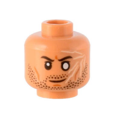 nougat minifigure head black eyebrows stubble dark orange brow furrow cheek lines and chin dimple white scars blind left eye pattern