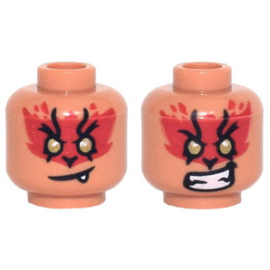 nougat minifigure head dual sided red fur gold eyes crooked mouth with fang teeth bared grimace pattern