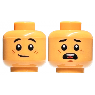 nougat minifigure head dual sided child reddish brown freckles grin scared open mouth black eyebrows pointed ends pattern