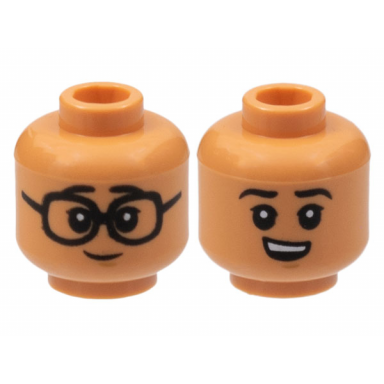 nougat minifigure head dual sided black eyebrows and eyes with white pupils glasses smirk with teeth pattern