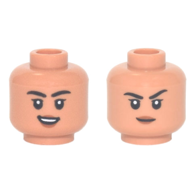 nougat minifigure head dual sided female black eyebrows medium nougat lips open mouth smile raised eyebrow pattern