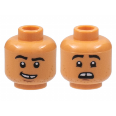 nougat minifigure head dual sided black eyebrows gap in teeth stubble lopsided smile scared pattern