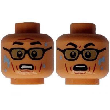 nougat minifigure head dual sided black eyebrows glasses cheek lines water drops scared terrified pattern