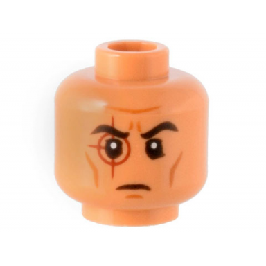 nougat minifigure head sw black eyebrows dark red crosshair tattoo and dark orange cheek lines pattern
