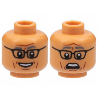 nougat minifigure head dual sided dark bluish gray eyebrows black glasses reddish brown contour lines smile scared pattern
