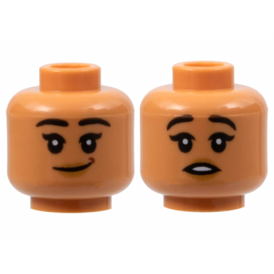 nougat minifigure head dual sided female black eyebrows medium nougat lips lopsided grin surprised with open mouth pattern