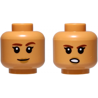 nougat minifigure head dual sided child female reddish brown eyebrows medium nougat lips smile with raised eyebrow grimace pattern