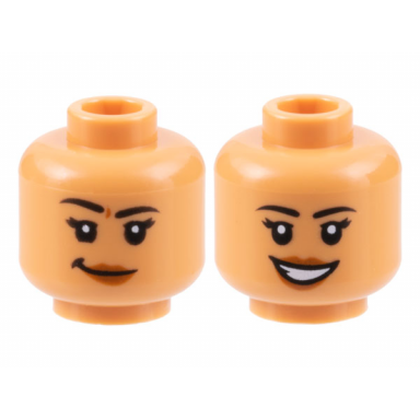 nougat minifigure head dual sided female black eyebrows dark orange lips lopsided grin open mouth smile pattern