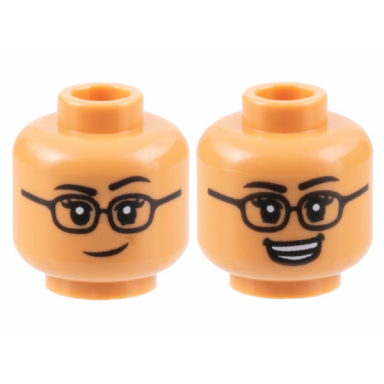 nougat minifigure head dual sided female black eyebrows and glasses lopsided grin open mouth smile pattern