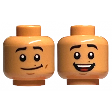nougat minifigure head dual sided black eyebrows reddish brown dimples and beauty mark wide lopsided grin open mouth smile pattern