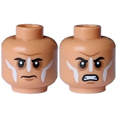 nougat minifigure head dual sided black eyebrows medium nougat chin dimple and cheek lines white paint stripes closed mouth angry open mouth furious pattern