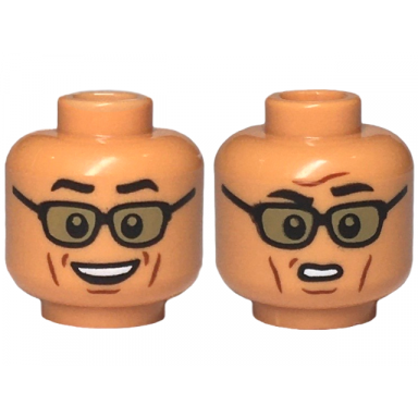 nougat minifigure head dual sided black eyebrows reddish brown cheek lines sunglasses with dark tan lenses open mouth smile confused pattern