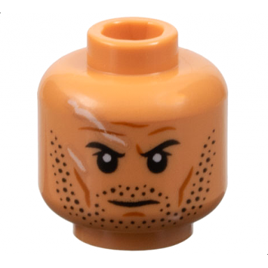 nougat minifigure head male black eyebrows dark brown beard stubble medium nougat cheek lines chin dimple furrowed brow neutral white scars on back pattern