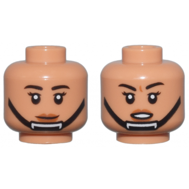 nougat minifigure head dual sided female black eyebrows and eyelashes dark orange lips black chin strap neutral open mouth determined pattern