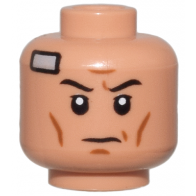 nougat minifigure head black eyebrows upper eyelids dark orange cheek lines and chin dimple furrowed brow light bluish gray inhibitor chip bandage stern pattern