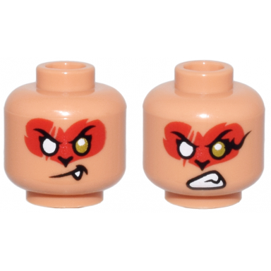 nougat minifigure head dual sided red fur gold eye left white eye right crooked mouth with fang teeth bared grimace pattern