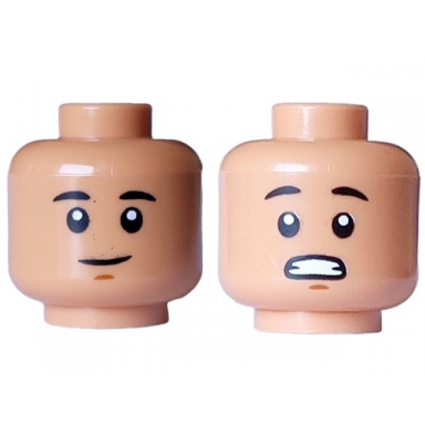 nougat minifigure head dual sided black eyebrows medium nougat chin dimple lopsided grin scared open mouth with teeth pattern