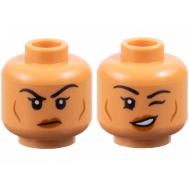 nougat minifigure head dual sided female black eyebrows dark orange lips and cheek lines frown lopsided open mouth smile and wink pattern