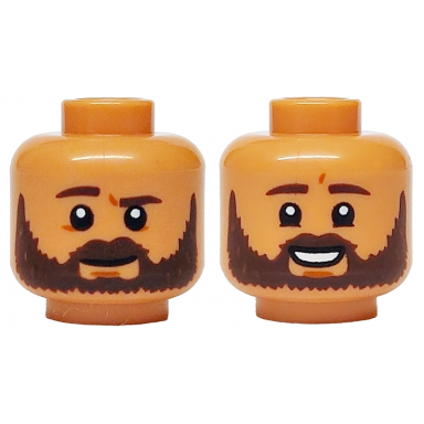 nougat minifigure head dual sided dark brown eyebrows and beard neutral open mouth smile with teeth pattern
