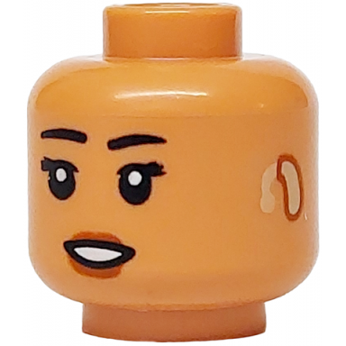 nougat minifigure head female black eyebrows and eyelashes dark orange lips tan hearing aid open mouth smile with teeth pattern
