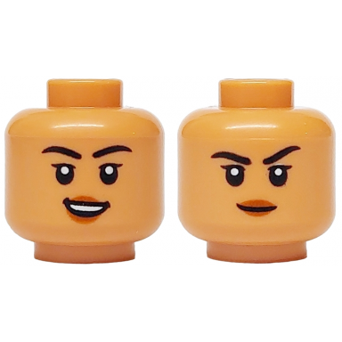 nougat minifigure head dual sided female black eyebrows and eyelashes dark orange lips open mouth smile frown raised left eyebrow pattern