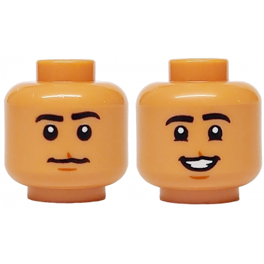 nougat minifigure head dual sided black eyebrows medium nougat chin dimple and cleft lip neutral open mouth smile with teeth pattern