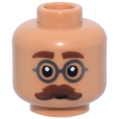 nougat minifigure head reddish brown thick eyebrows and moustache dark silver round glasses pattern