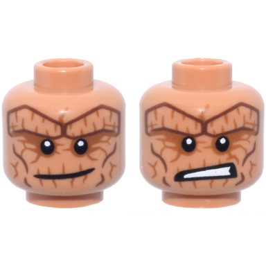 nougat minifigure head dual sided alien reddish brown thick rock eyebrows and cheek lines dark orange eye shadow and cracks lopsided grin scared open mouth with teeth pattern