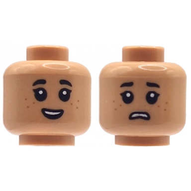 nougat minifigure head dual sided child black eyebrows single eyelashes dark orange freckles open mouth smile frown pattern