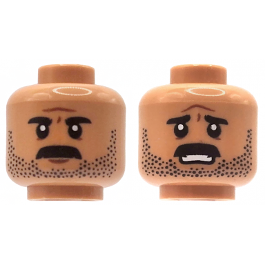 nougat minifigure head dual sided black eyebrows moustache and stubble dark orange chin dimple and forehead crease stern worried open mouth with teeth pattern
