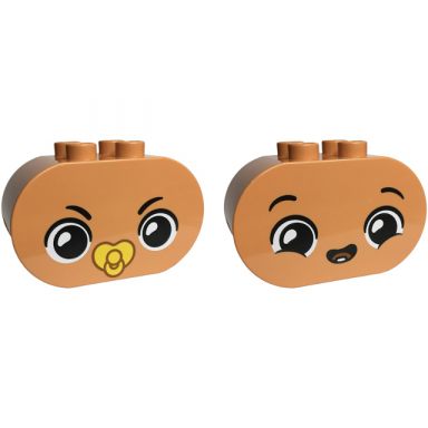 nougat duplo brick 2 x 4 x 2 rounded ends with faces with black eyebrows angry with bright light yellow baby pacifier open mouth smile with bottom tooth and medium nougat tongue pattern