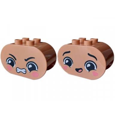 nougat duplo brick 2 x 4 x 2 rounded ends with faces with black eyebrows coral oval shaped cheeks open mouth angry heart shaped cheeks smile pattern