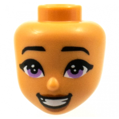 nougat mini doll head friends with black eyebrows medium lavender eyes dark orange lips open mouth smile with teeth pattern