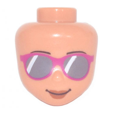 nougat mini doll head friends sunglasses with dark bluish gray lenses and magenta frames reddish brown lips and closed mouth smile pattern