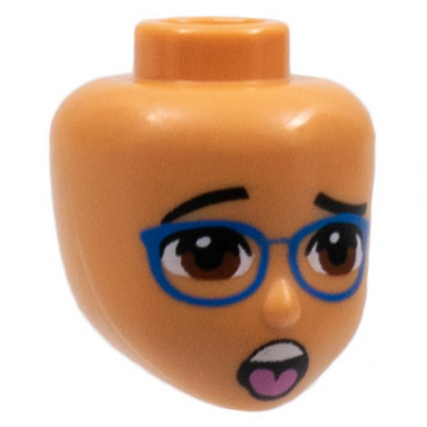 nougat mini doll head friends with black eyebrows reddish brown eyes blue glasses open mouth with dark pink tongue pattern