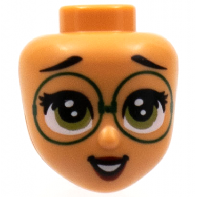 nougat mini doll head friends with black eyebrows large dark green glasses olive green eyes open mouth pattern mirabel