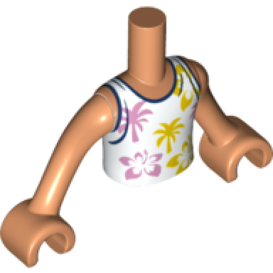 torso mini doll boy white tank top with bright pink and bright light orange flowers and palm trees pattern nougat arms with hands