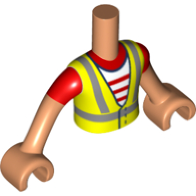 nougat torso mini doll boy neon yellow safety vest with recycling logo over red and white striped shirt pattern light nougat arms with hands with red short sleeves