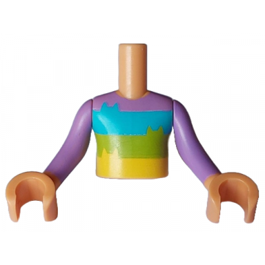 nougat torso mini doll boy medium lavender shirt with medium azure lime and yellow stripes with cat ears pattern nougat arms with hands with medium lavender long sleeves