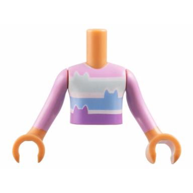 nougat torso mini doll boy bright pink shirt with light aqua bright light blue and medium lavender stripes with cat ears pattern nougat arms with hands with bright pink long sleeves