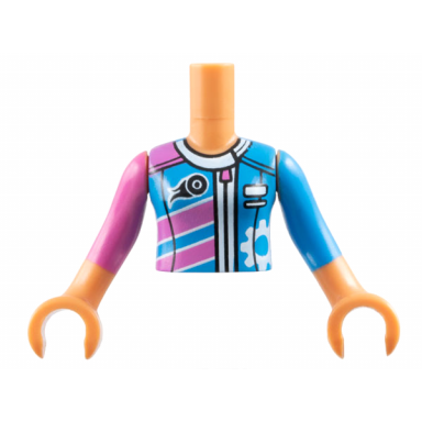 nougat torso mini doll girl dark pink and dark azure racing jacket pattern nougat arms with hands with dark pink right sleeve dark azure left sleeve